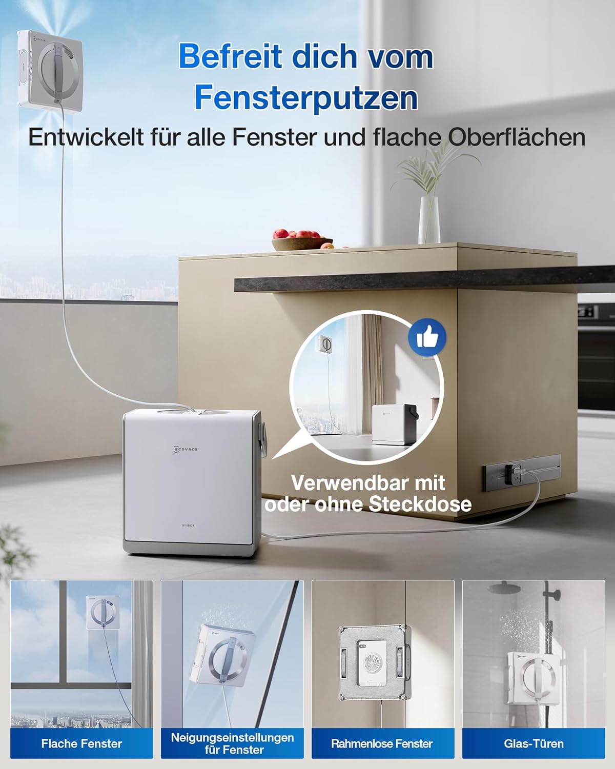ECOVACS WINBOT W2 PRO Omni Fensterputzroboter mit 6-in-1 Multifunktionsstation, Aufladen im Betrieb, 3-Düsen-Sprühkopf, 12-Stufen-Schutz, Win-SLAM 4.0 Pfadplanung, Weiß