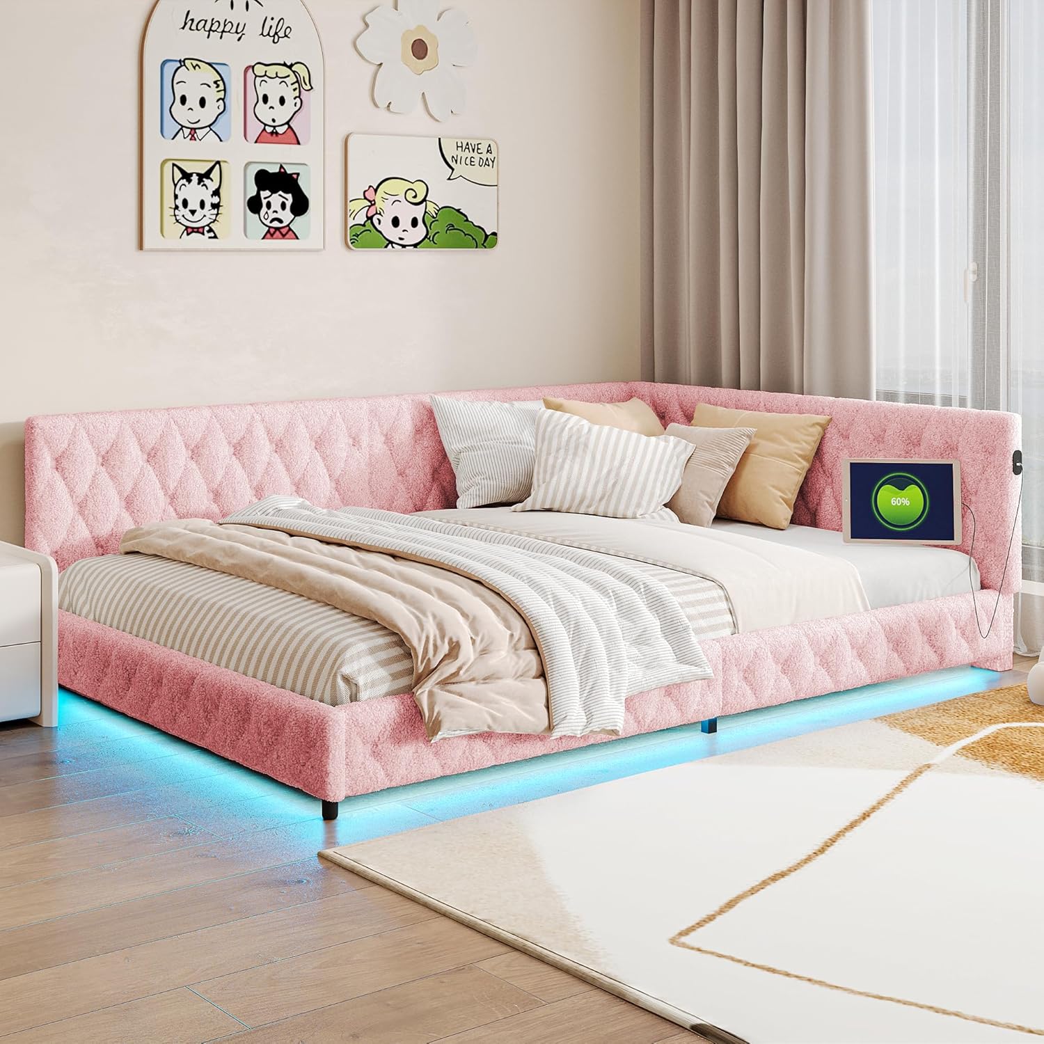 Gepolstertes Schlafsofa, 140 x 200 cm, Sofa-Bett, 2-Sitzer, funktional, mit USB und LED, gepolstertes Doppelbett mit Lattenrost, für Schlafzimmer, Wohnzimmer (Rosa)