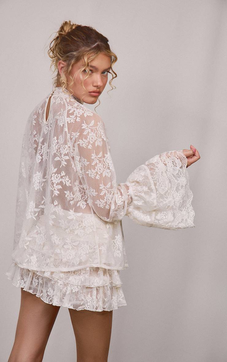 Crème Ensemble Coordonné Blouse En Dentelle À Col Montant Et Manches À Volants