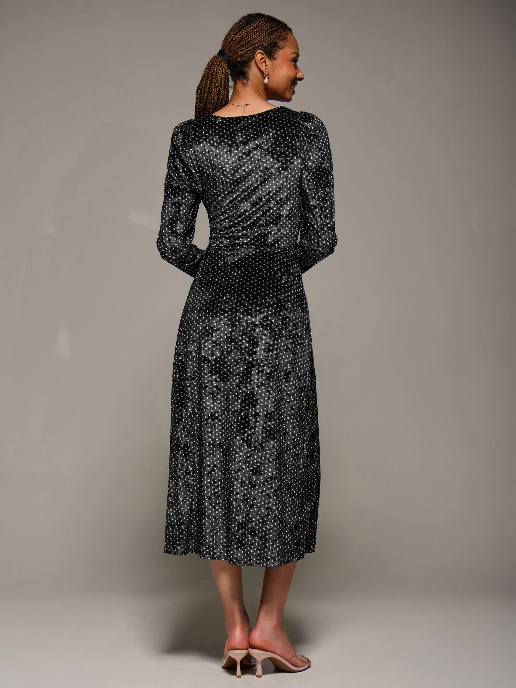 Jolie Moi Long Sleeve Velvet Tie Detail Midi Dress