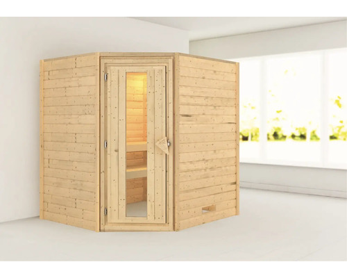 Karibu Mia blokhutsauna zonder kachel en dakrand, met houten deur en geïsoleerd glas.