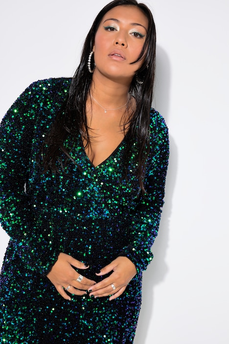Kleid, Wickeloptik, Pailletten, V-Ausschnitt, Langarm