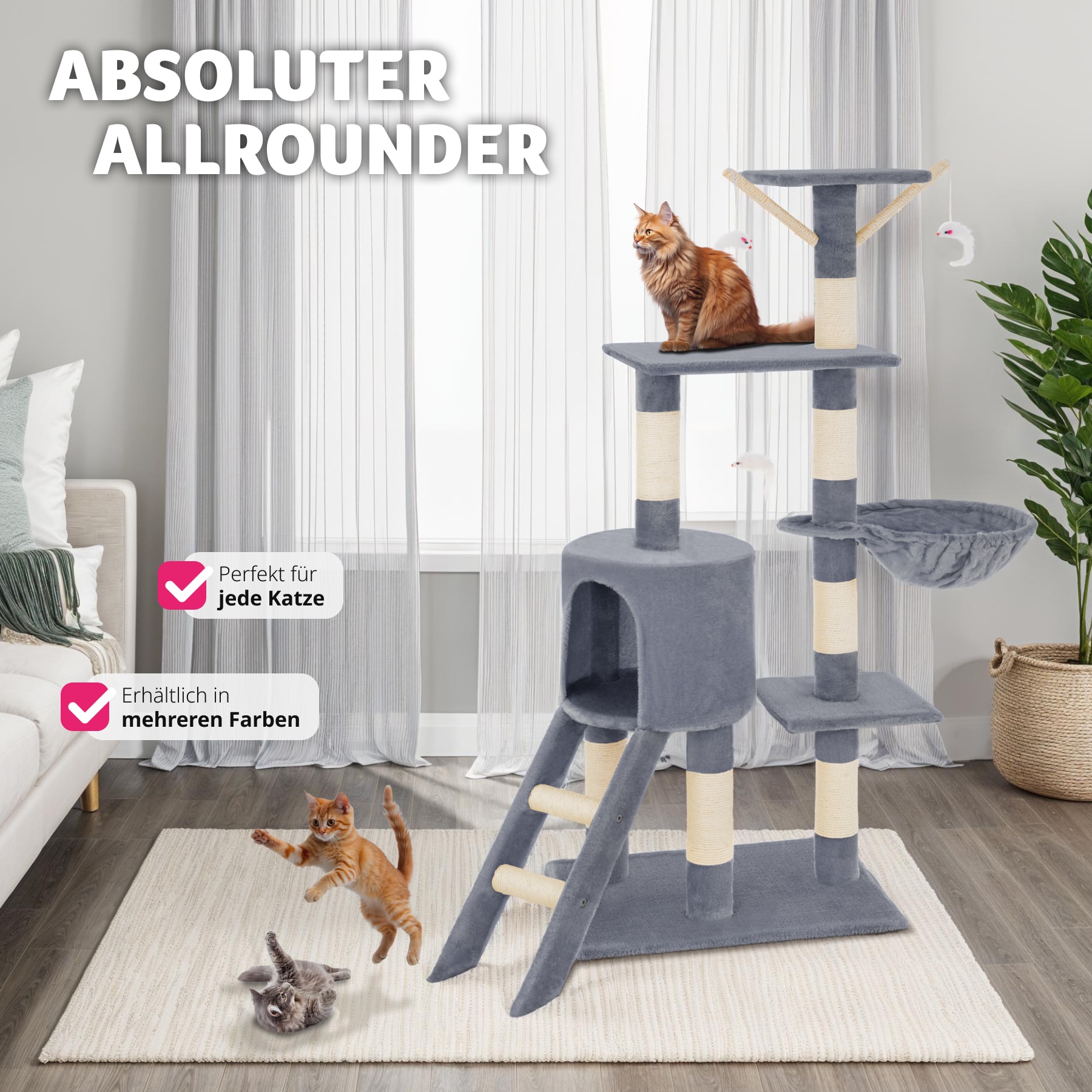 tectake® Kratzbaum, 144 cm, mit Katzenhaus, inklusive Treppe, 3 Spielmäusen und Kippschutz
