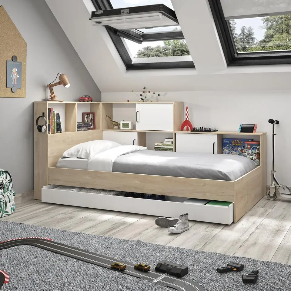 Diagone Bed Erwan - Opbergruimte - 90x200cm - Wit/Kastanjekleur