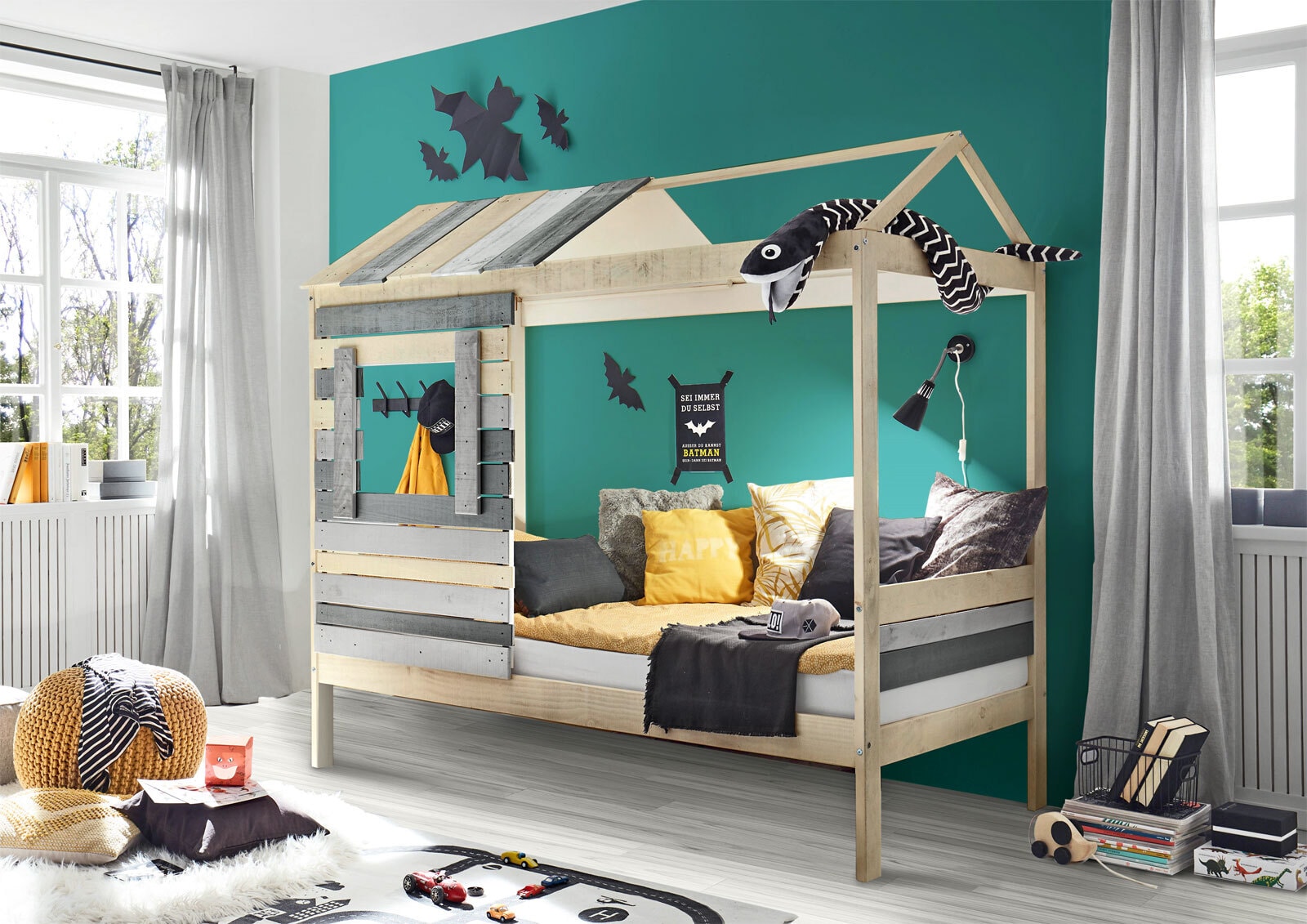Hausbett Wood Massiv Grau/Beige lackiert