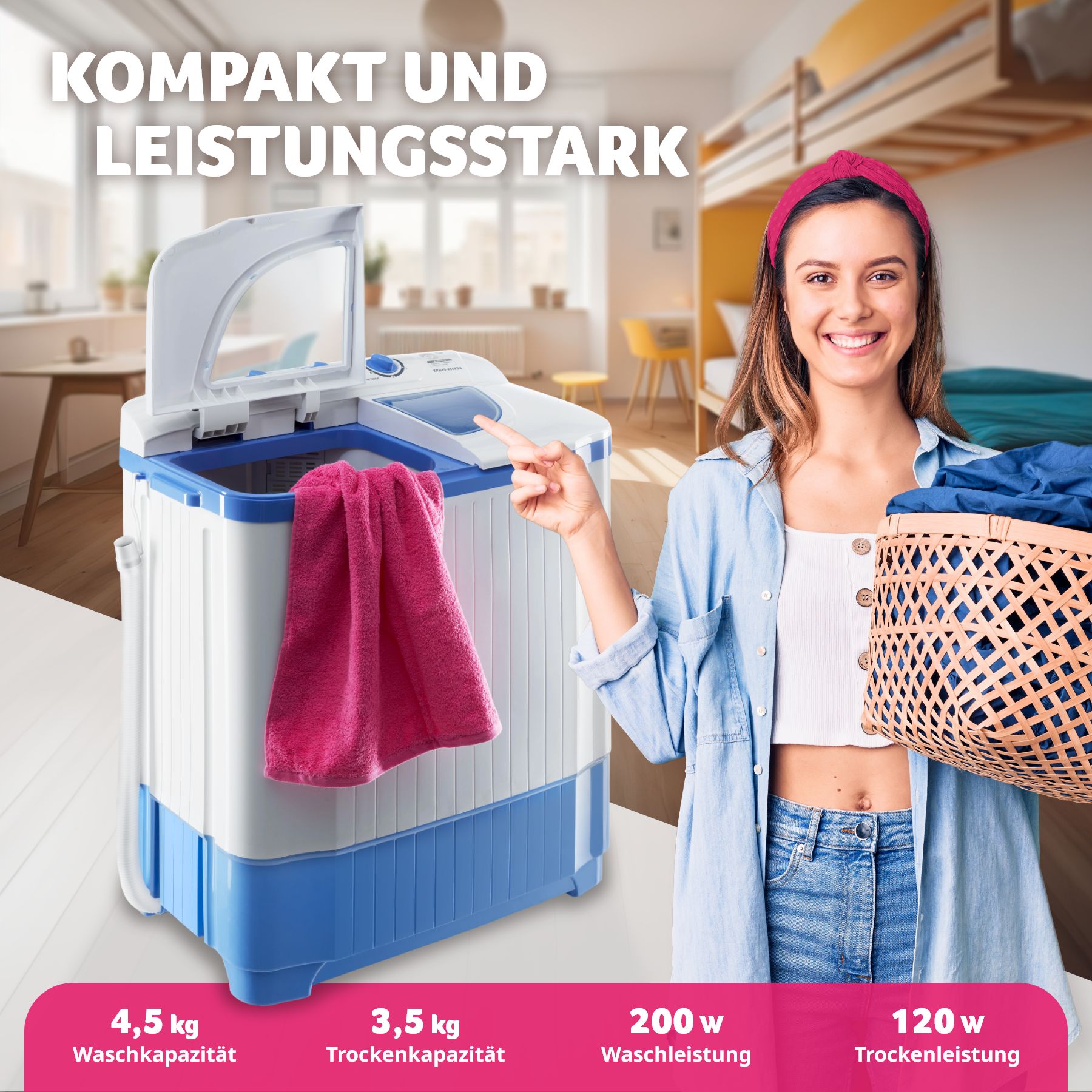 tectake® Mini-Waschmaschine 4,5 kg mit Wäscheschleuder 3,5 kg