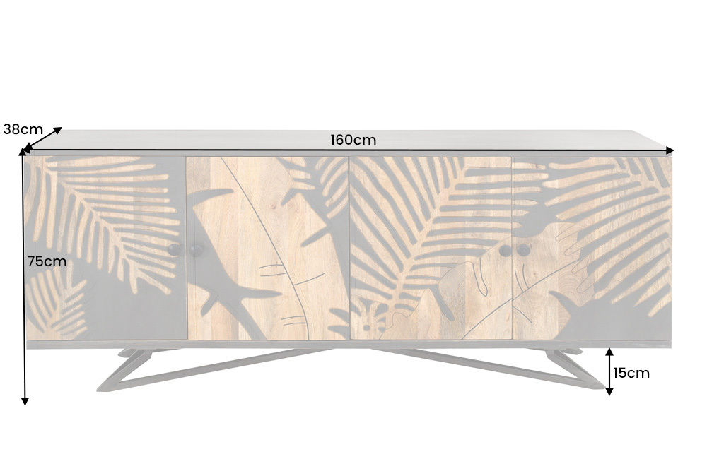 Massives Sideboard TROPICAL 160cm grau Mangoholz florales Design Boho Metallgestell