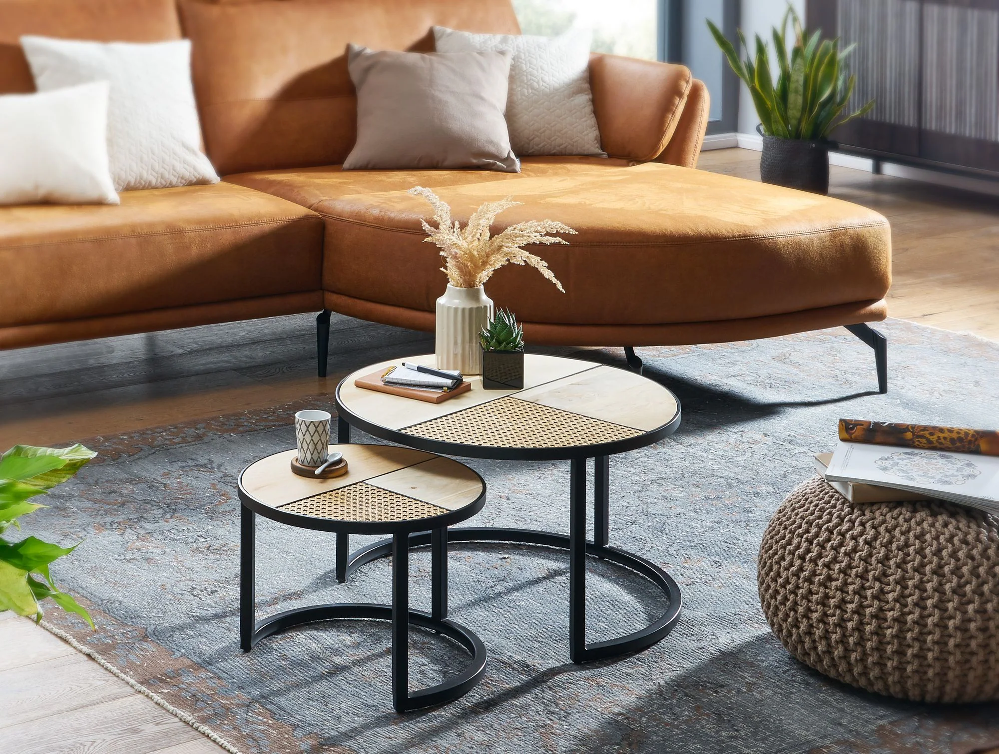 FineBuy Couchtisch Massivholz Wohnzimmertisch 2 teilig Rund Wiener Geflecht Set