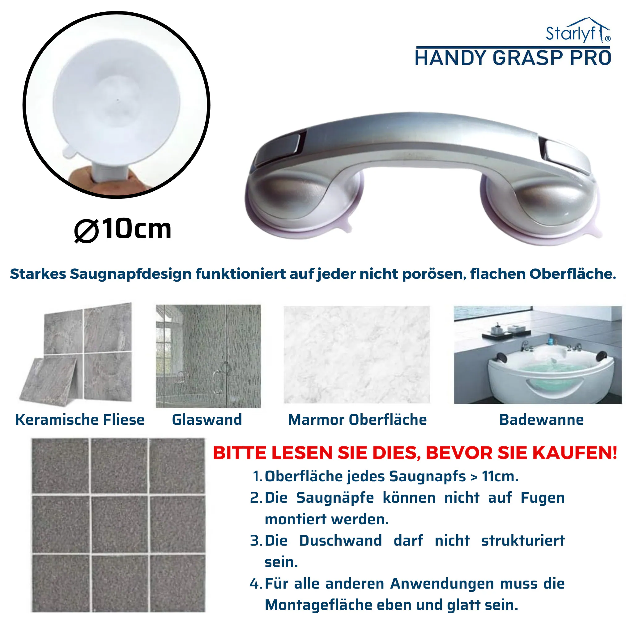 Starlyf® Haltegriff für Dusche oder Badewanne - Sauggriff Handy Grasp Pro
