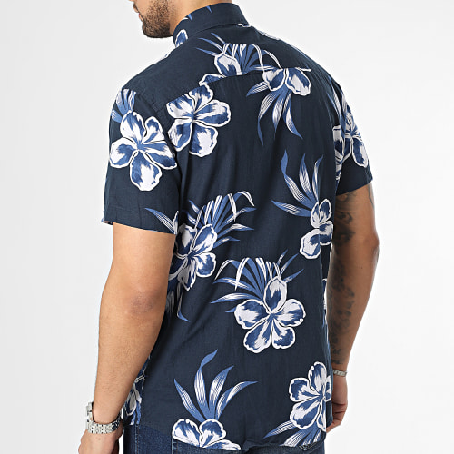 Chemise Manches Courtes Regular New-Linen Bleu Marine Blanc Floral