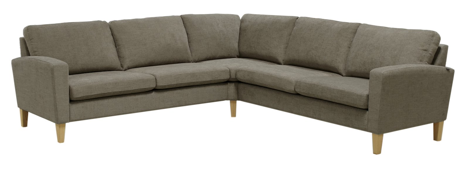 Noor Soft 25 hjørnesofa 2,5/2,5-seter hjørnesofa. Tekstil Mia Brun, vange 01 og med ben 20 hvitoljet eik