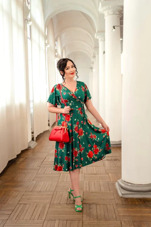 Vintage Chic for Topvintage Irene Flower Cross Over Swing jurk in silky green