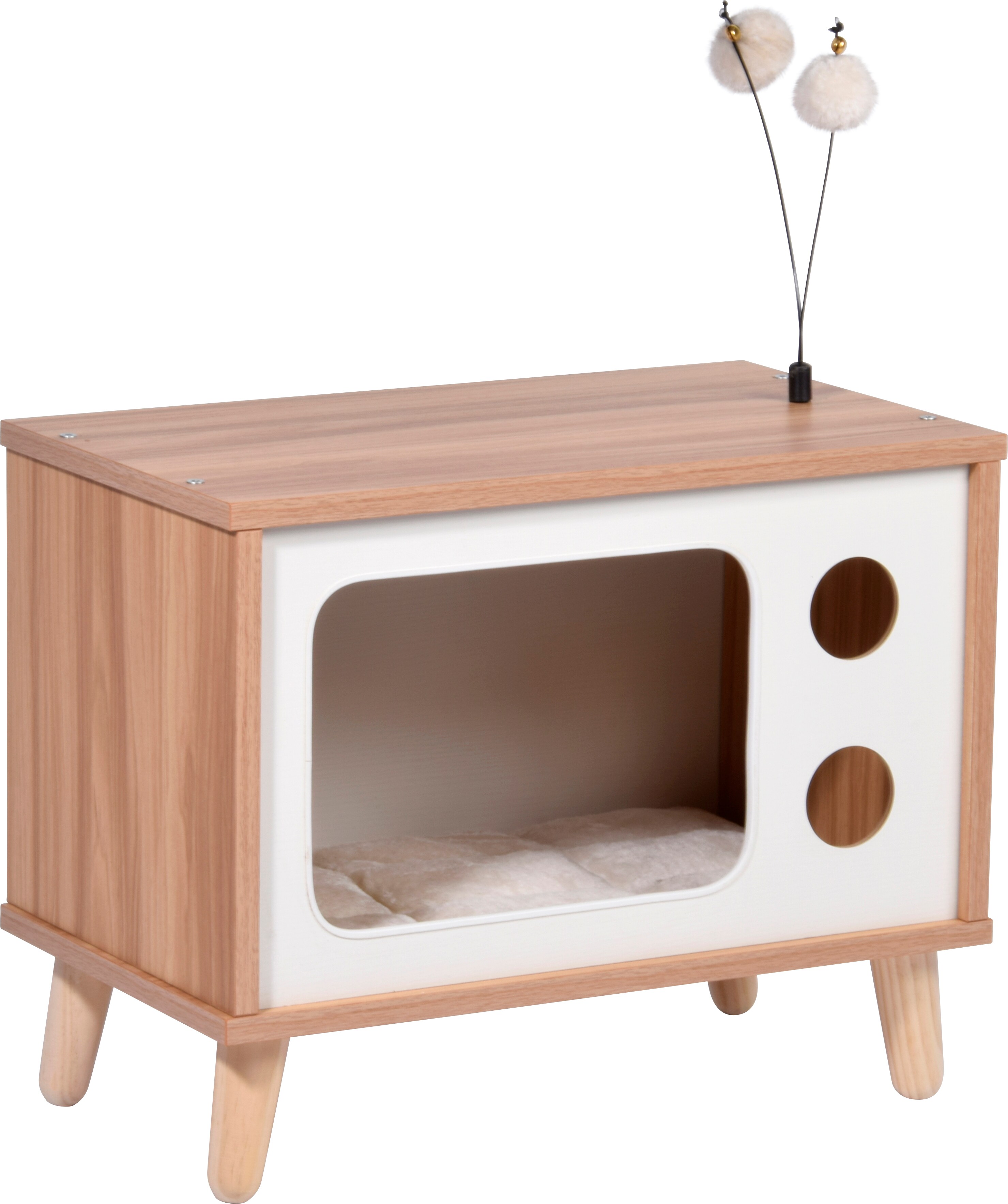 Katzenhöhle TV-Design mit Spielbällen, Jute-Fläche & Plüschkissen