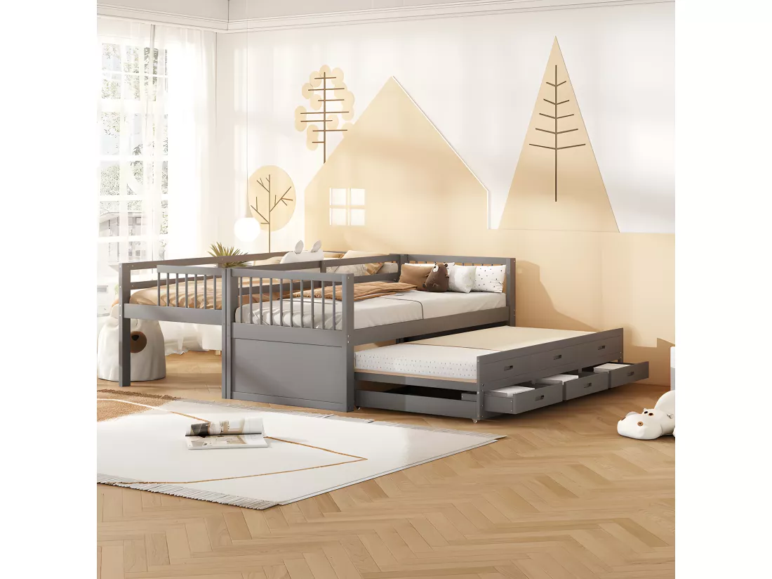 Lit superposé 90x200cm - avec lit gigogne et 3 tiroirs - en bois de pin massif et MDF - Gris