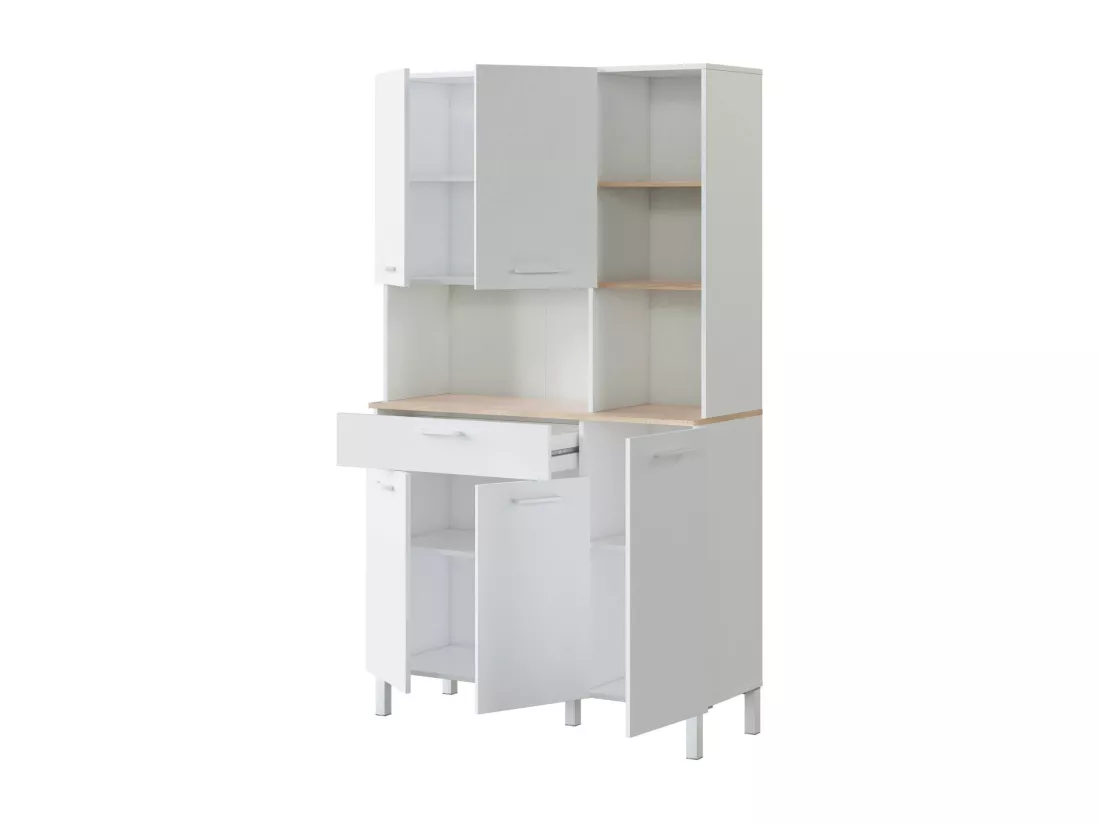 Armoire polyvalente Dgalass, Armoire auxiliaire de cuisine, Buffet avec 5 portes et 1 tiroir avec étagères, Armoire ouverte, 108x40h186 cm, Blanc et Chêne