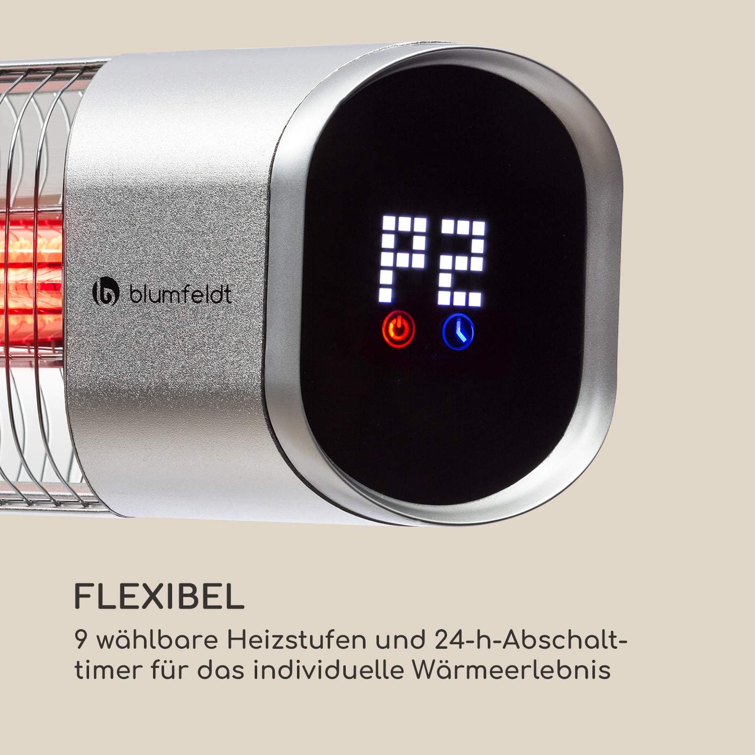 Blumfeldt Dark Wave Infrarotstrahler, Heizstrahler Terrasse, MinimalGlare Heating Tube: Goldbeschichtete Carbonröhre, 9 Heizstufen, Timer, IP65, LED-Display, Deckenheizstrahler mit 2000 W, silber