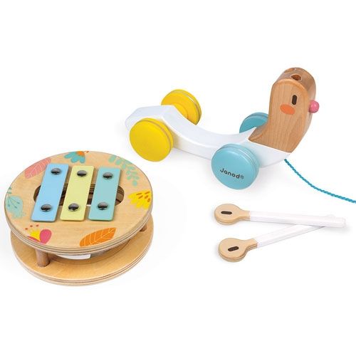 Janod trekfiguur en muziekinstrument slak