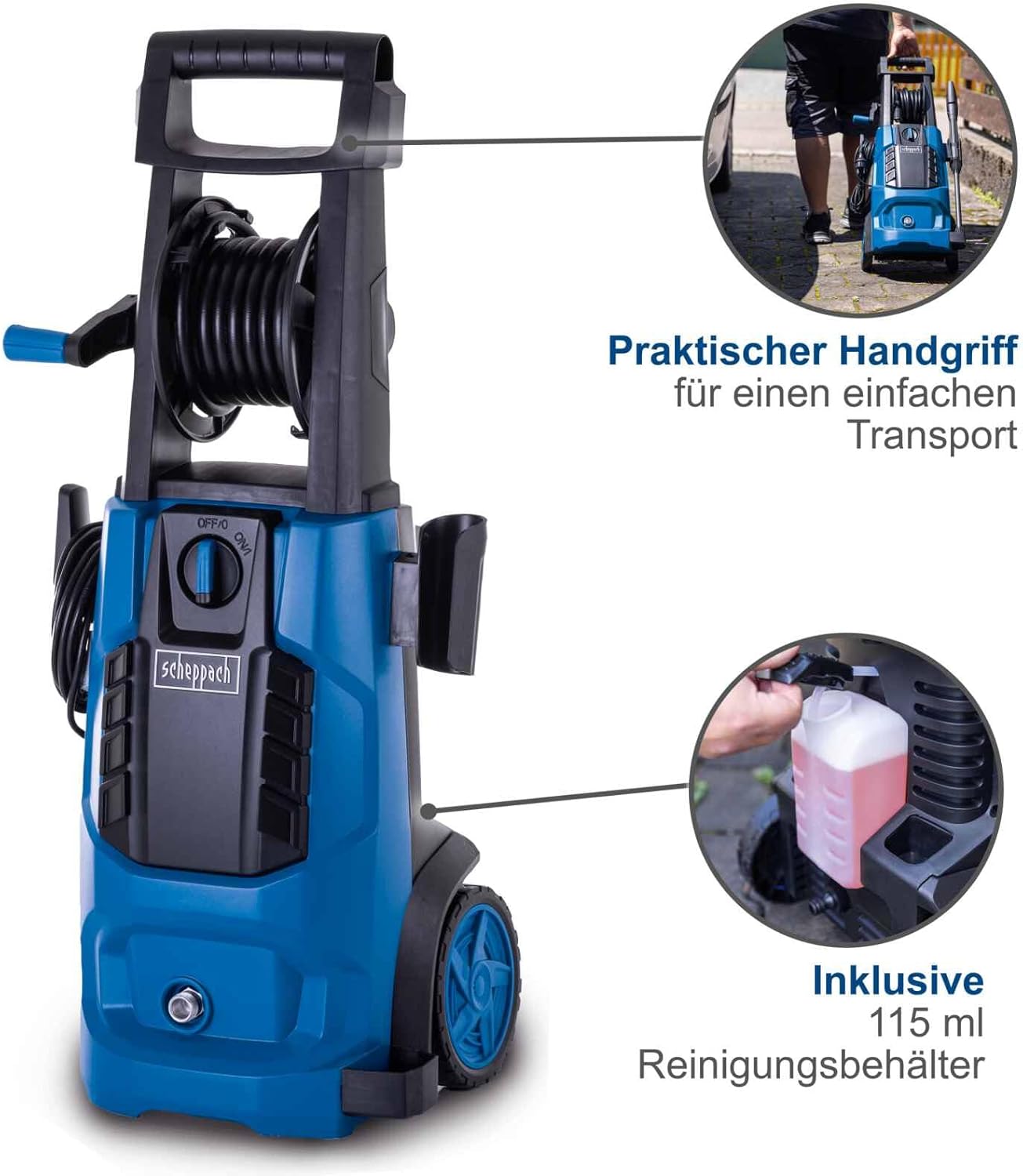 Scheppach Hochdruckreiniger HCE2800 | 180bar Arbeitsdruck | 480 l/h Fördermenge | integrierte Schlauchtrommel mit 5m Schlauch & Reinigungstank | Terrassenreiniger Flächenreiniger inkl.10-TLG. Zubehör