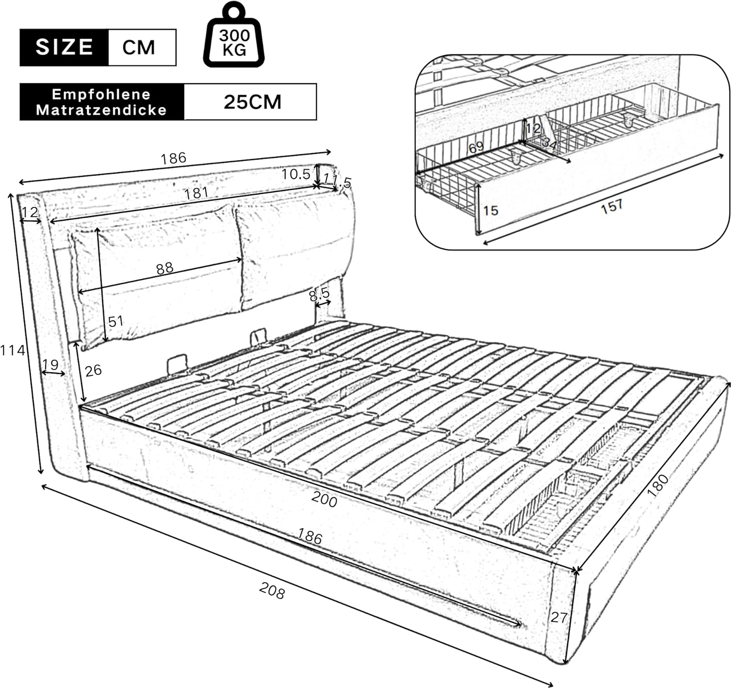 Bett 180x200cm, Polsterbett mit LED Licht und Schublade, Hydraulisches Bettgestell mit Stauraum, Oberfläche aus Samt, Doppelbett mit Lattenrost, ohne Matratze, Grau