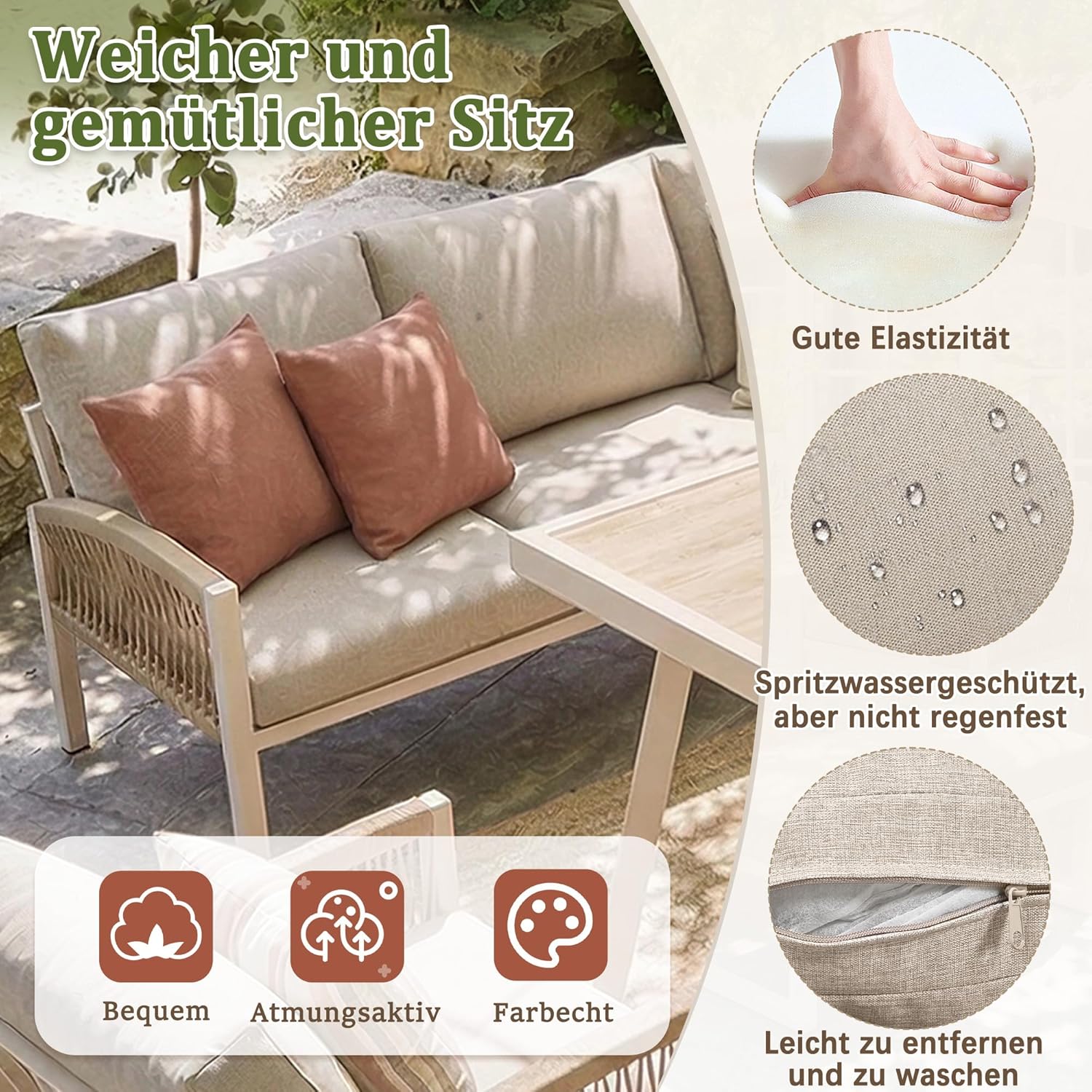 Merax Gartensofa-Set Gartensofa für 7 Personen, Robustes Eisengestell und beige Polster, Tisch mit Holzoptik-Glasplatte & 2 Sesseln, Wetterfeste Terrassen-Garnitur für Garten, Balkon & Terrasse