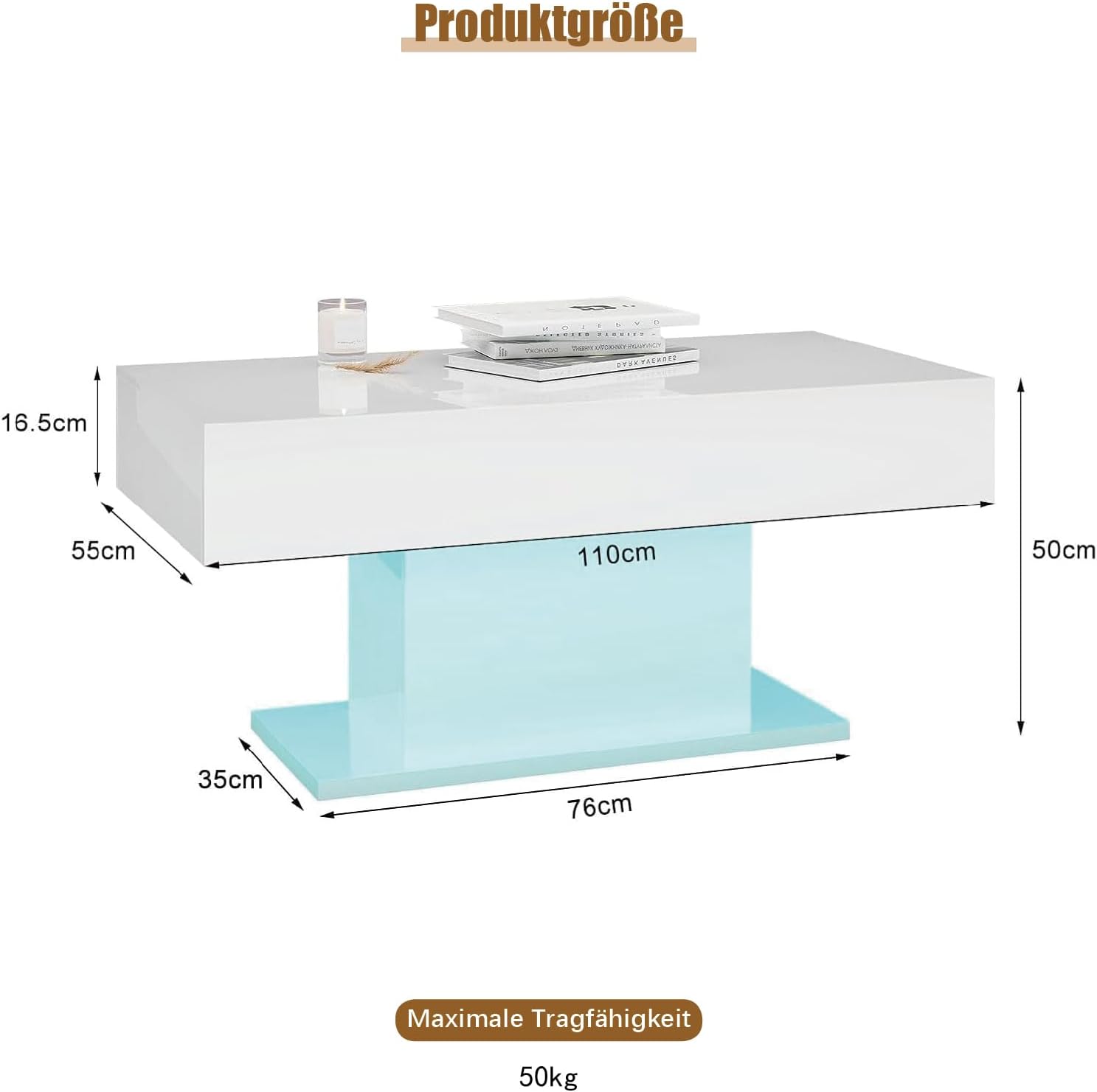 Couchtisch Wohnzimmertisch Hochglanz, Sofatisch mit LED Beleuchtung modern für Wohnzimmer, 110 x 55 x 50 cm (Weiß)