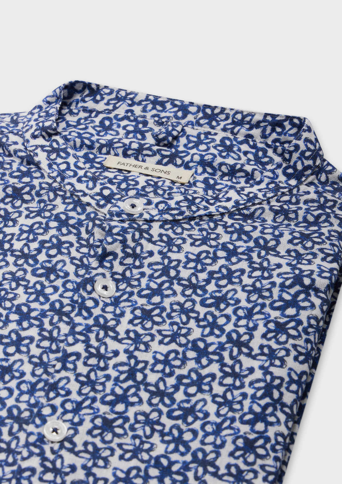 Chemise manches courtes Slim en popeline de coton et lin blancs à motif fleuri bleu à col officier