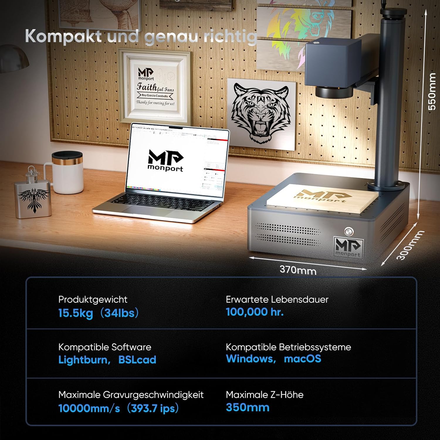 Monport 30W Faserlaser Graviermaschine mit LightBurn, 10.000 mm/s Schnellgravur, 2,5D-Metallgravur mit 0,01 mm Präzision, Kompatibel mit BSLcad, Desktop-Lasergravierer für Schmuck Glastassen/-Becher
