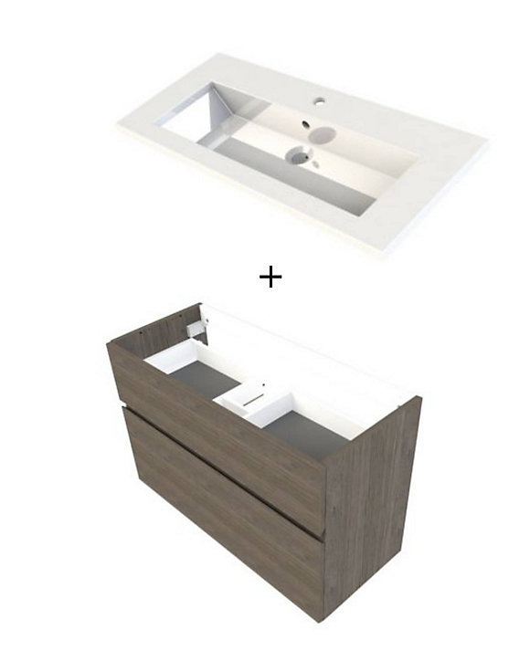 Meuble sous vasque faible profondeur Calao aspect chêne fumé 90 cm + plan vasque en résine