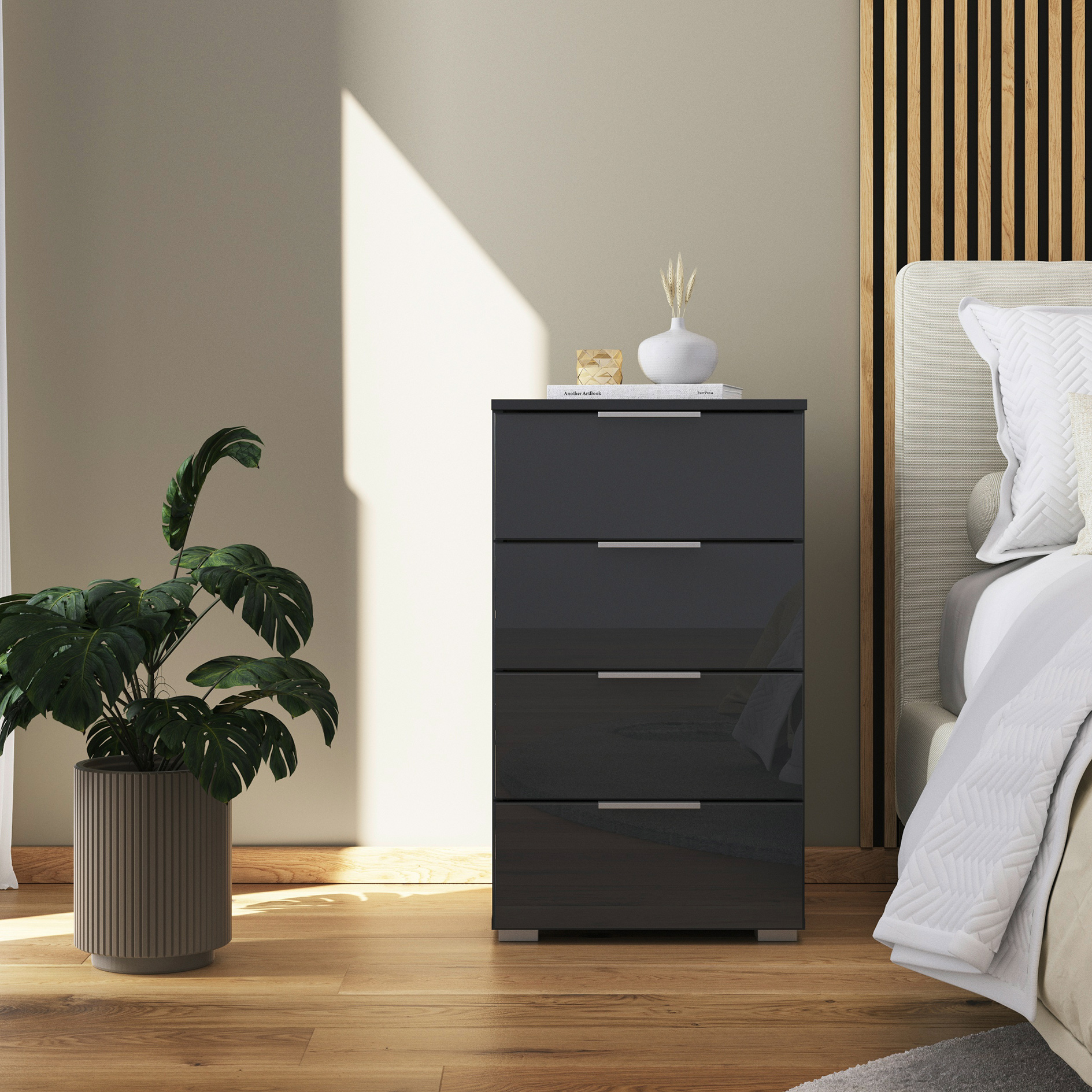 Nachtschrank - grau metallic - Basalt grau - mit Glasfront - 47 cm