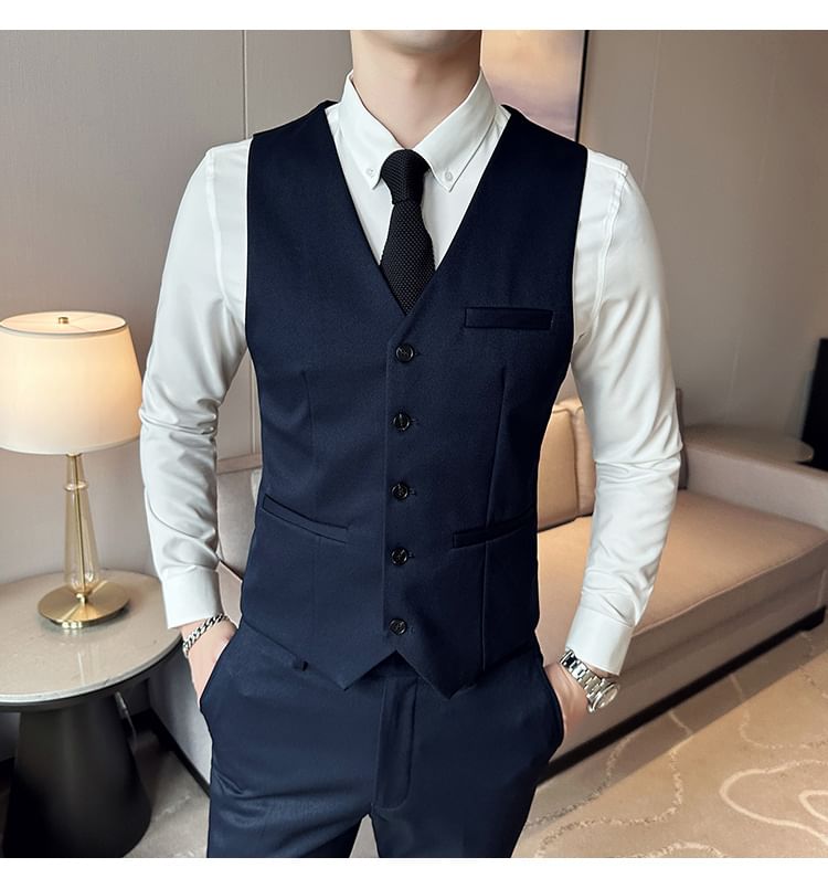 Blueforce - Set: Effen blazer + V-hals vest met knoopjes + Hoge taille rechte broek