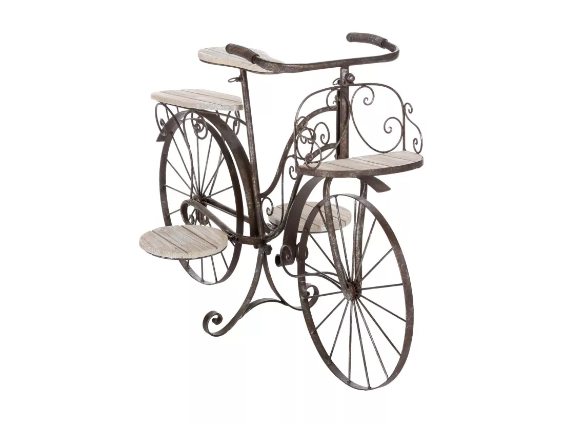 Vélo porte plantes - Fer forgé - 5 plateaux en bois - Meuble décoratif