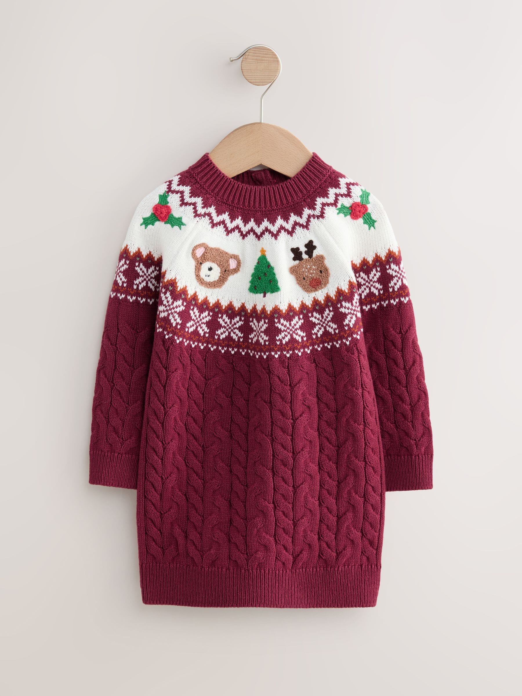 Paarsrood - Truijurk met kerstfiguren en fairisle-motief (3mnd -10jr)