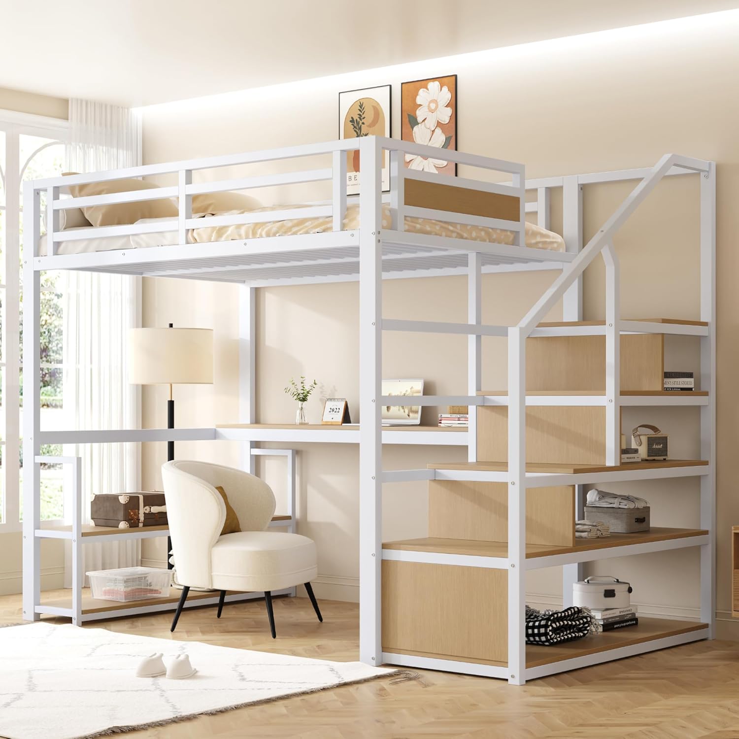Hochbett 140x200 cm, Eisenbett, Jugendbett, mit Aufbewahrungsleiter Regalen und Tisch, Sicherheitszaun-Design mit gespleißten Metallplanken, Mit Lattenrost, Weiß(Ohne Matratze)