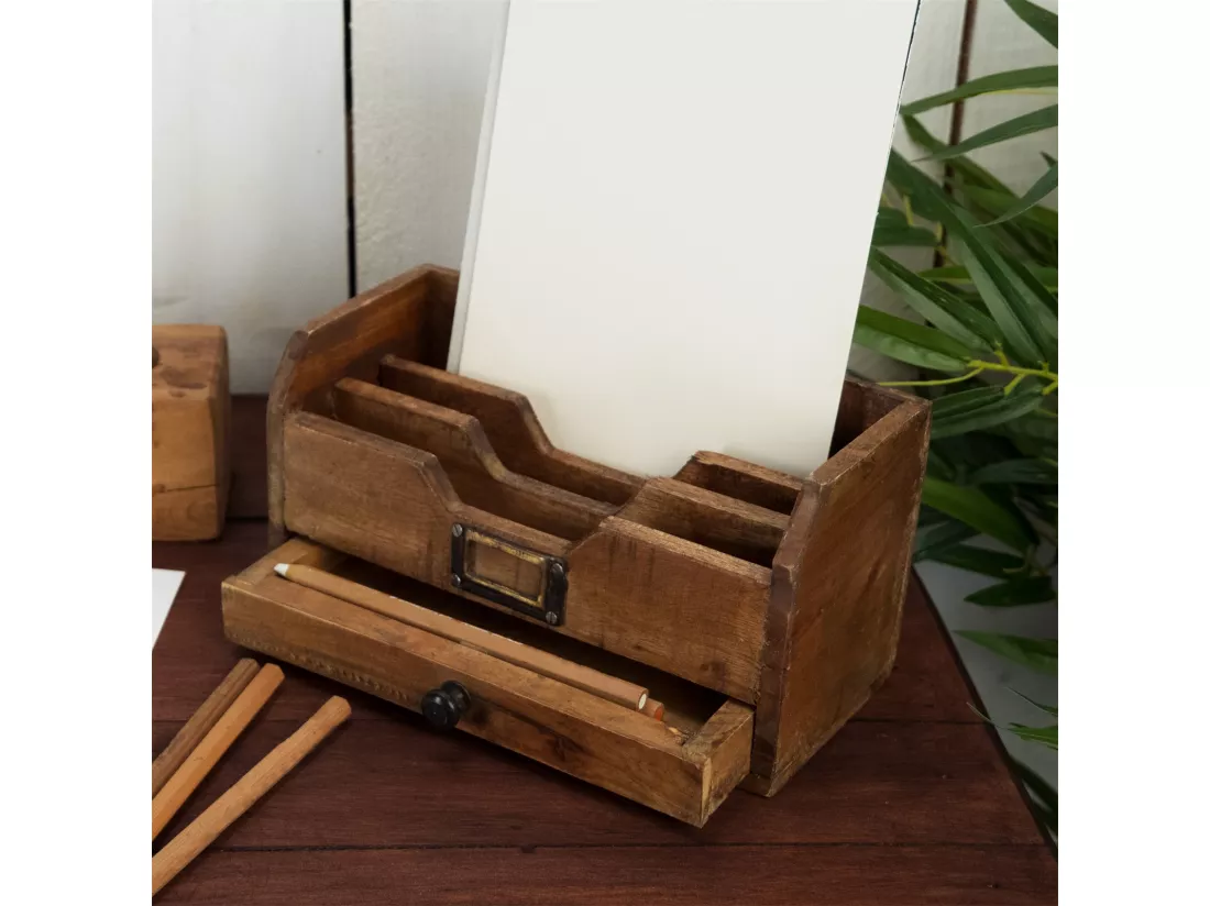 ORGANISATEUR DE BUREAU Juna Bois massif en acajou, 3 compartiments avec tiroir couleurs naturelles