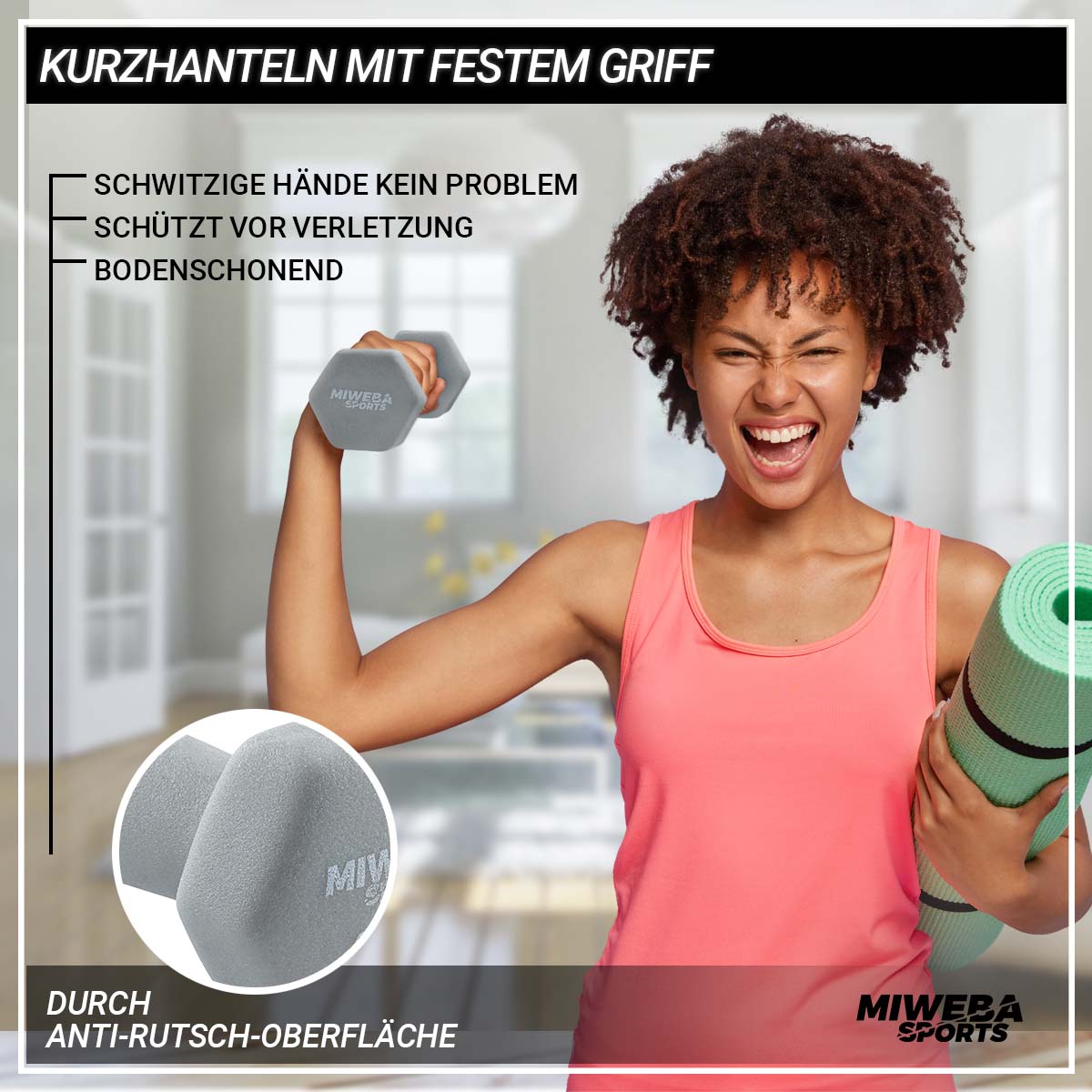 Miweba Sports Gymnastikhantel-Set NKH120, 1-3 kg, Neopren/Vinyl, Eisenkern, rutschfest, Hantelablage (Grün, Türkis, Grau, Neopren)