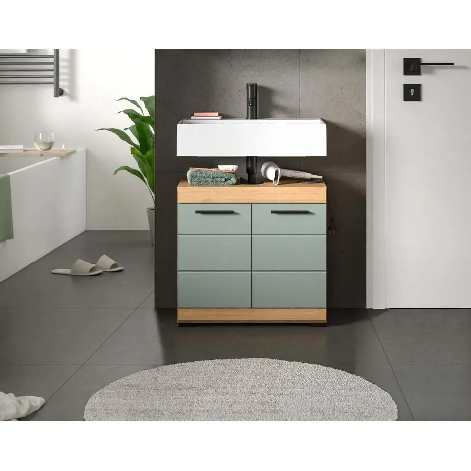 Hioshop Scout wastafel 2 deuren- 2 lades salvie decor- eiken decor