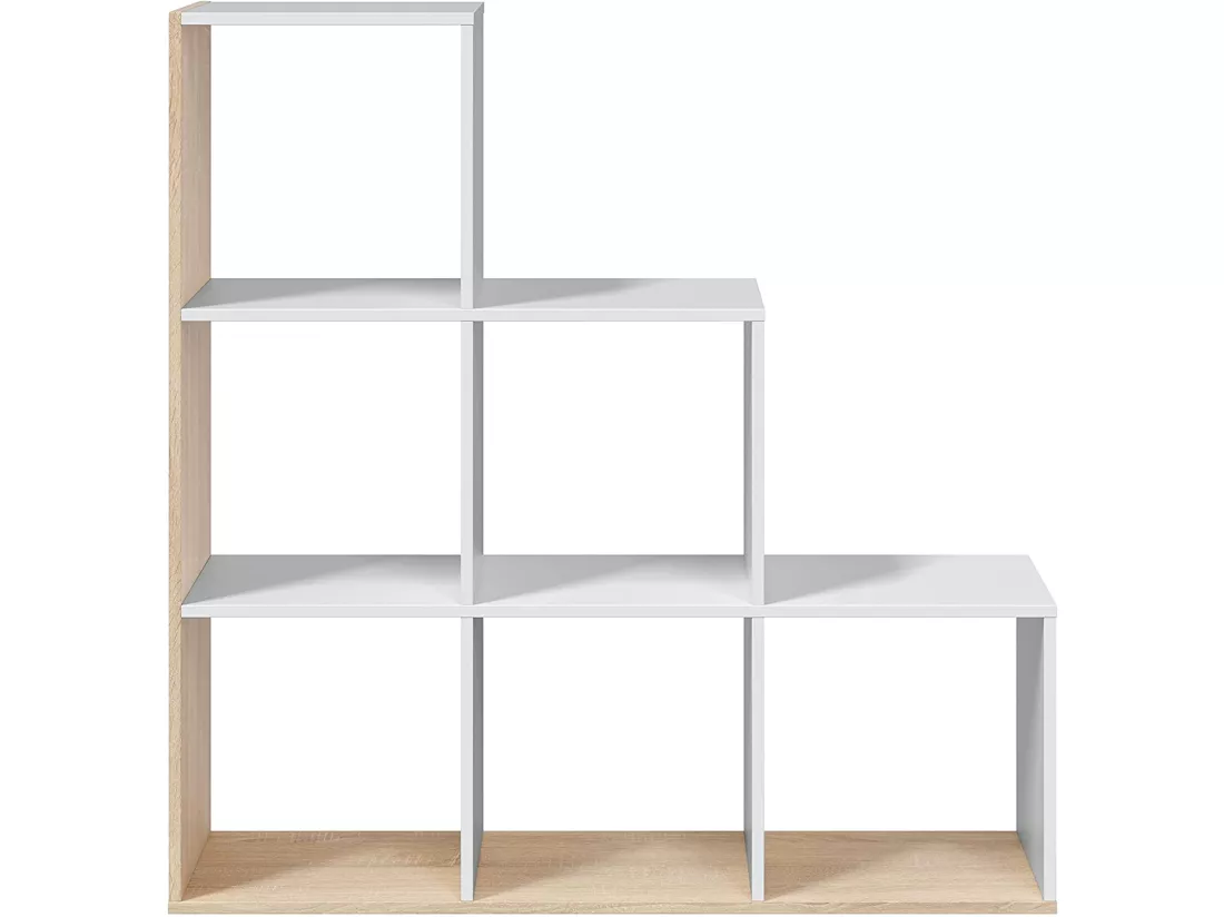 Bibliothèque Dbarth, Bibliothèque double face avec 6 compartiments, Etagère de séparation de bureau, 108x28h110 cm, Blanc et Chêne