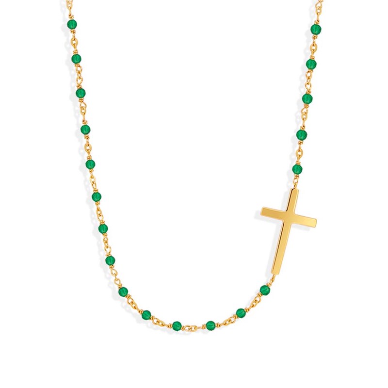 Collier Argent Doré  Croix Et Pierre Onyx Vert