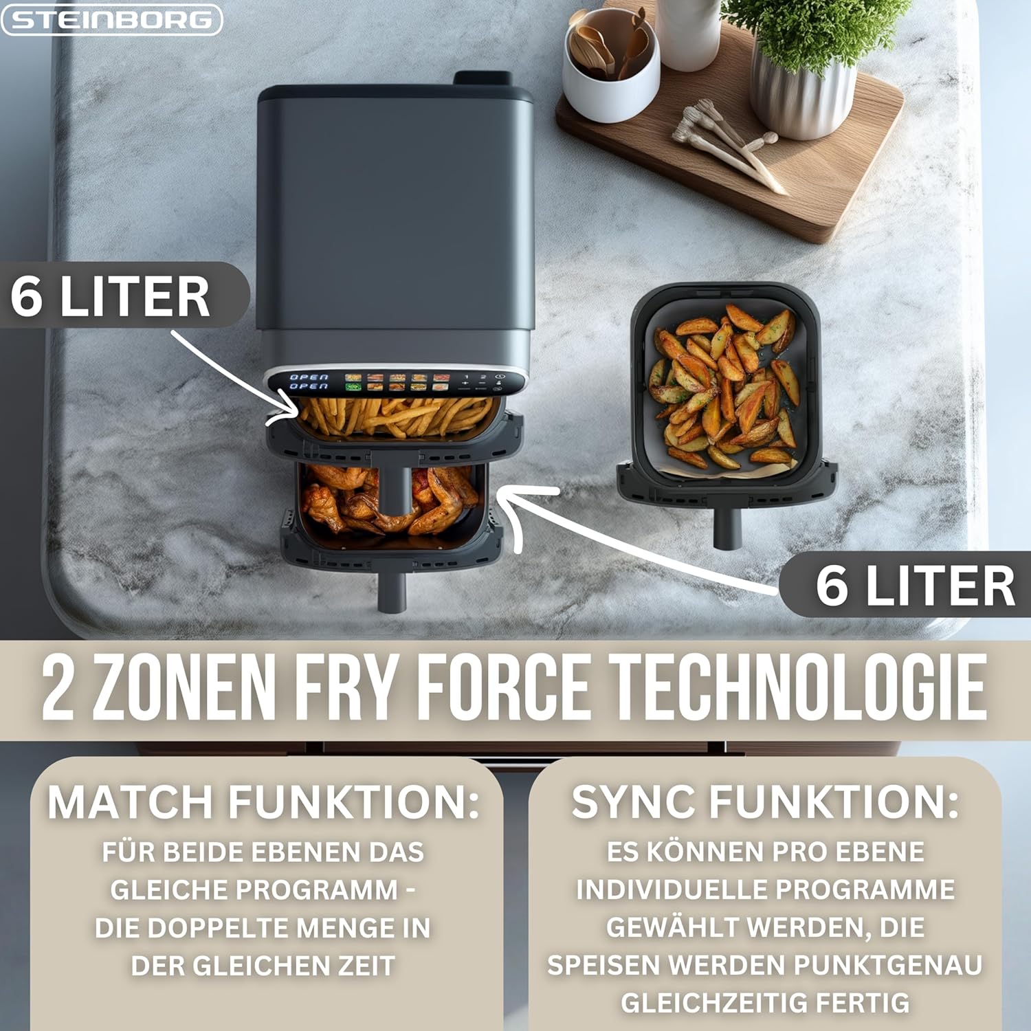 Steinborg® Heißluftfritteuse XXL 12 Liter Doppelkammer Heißluft-Frittieren Heissluftfritteuse 2 vertikale Schubladen 6L+6L Grillen Backen Dörren Frittieren Fritteuse ohne Öl Heißluftofen