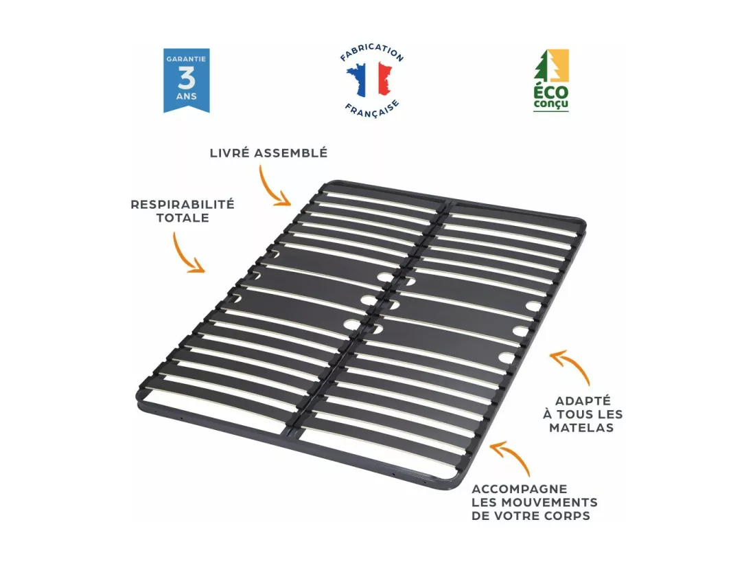 Sommier à lattes + pieds 90x190 C416 - 15 lattes bois - Fabrication française