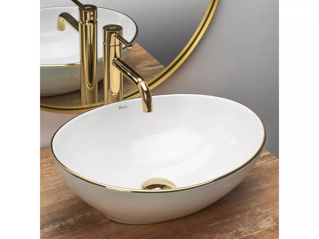 Set De Vasque À Poser Rea Sofia White + Robinet De Lavabo Lungo Gold High + Bonde Gold
