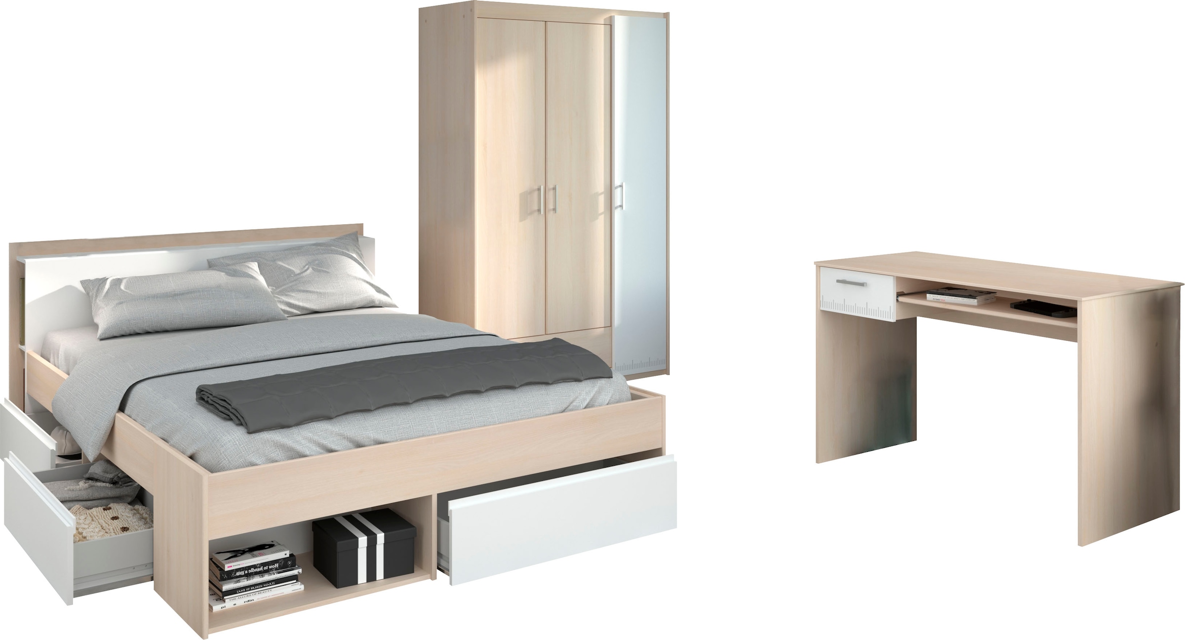 Parisot Jugendzimmer-Set »Most« Set, Bett mit Schubkästen, Kleiderschrank und Schreibtisch, 3 Stk. tlg.