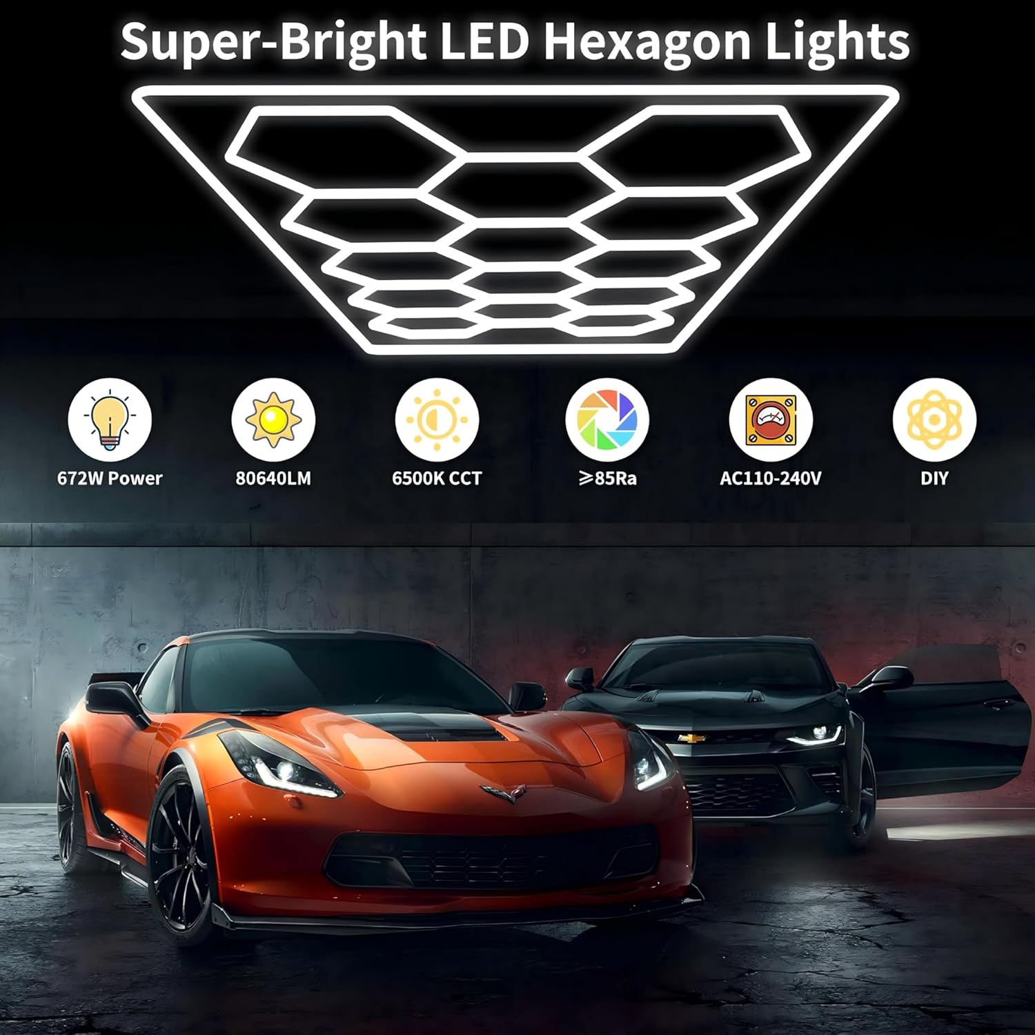 hexagon led 14-Hex 720W 6500K Verformbare LED Werkstatt Deckenleuchte DlY Sechseck Garage Licht für Garage, Arbeitsplatz- und Werkstattbeleuchtung (14-Loch mit Rahmen)
