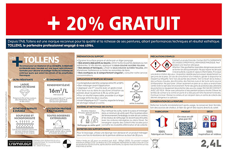 Peinture extérieure bois Tollens satin vert provence 2L + 20% gratuit