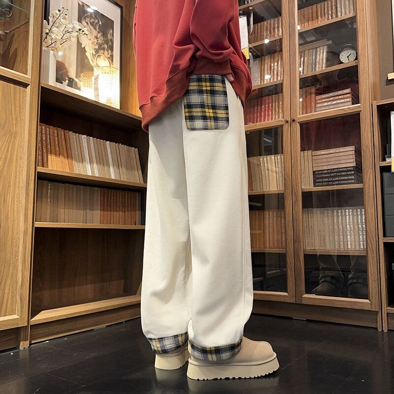 Ayuyel - Mid Rise Plain Plaid Panel Loose Fit Broek
