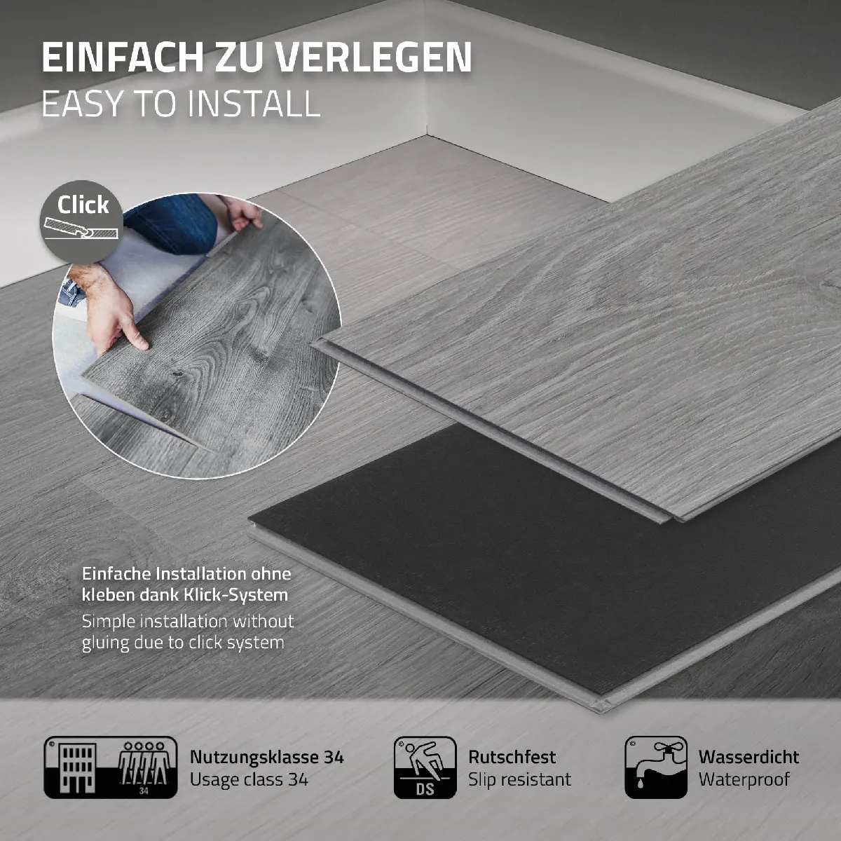 ML-Design Sol PVC à clic 3 m² - Gris chêne