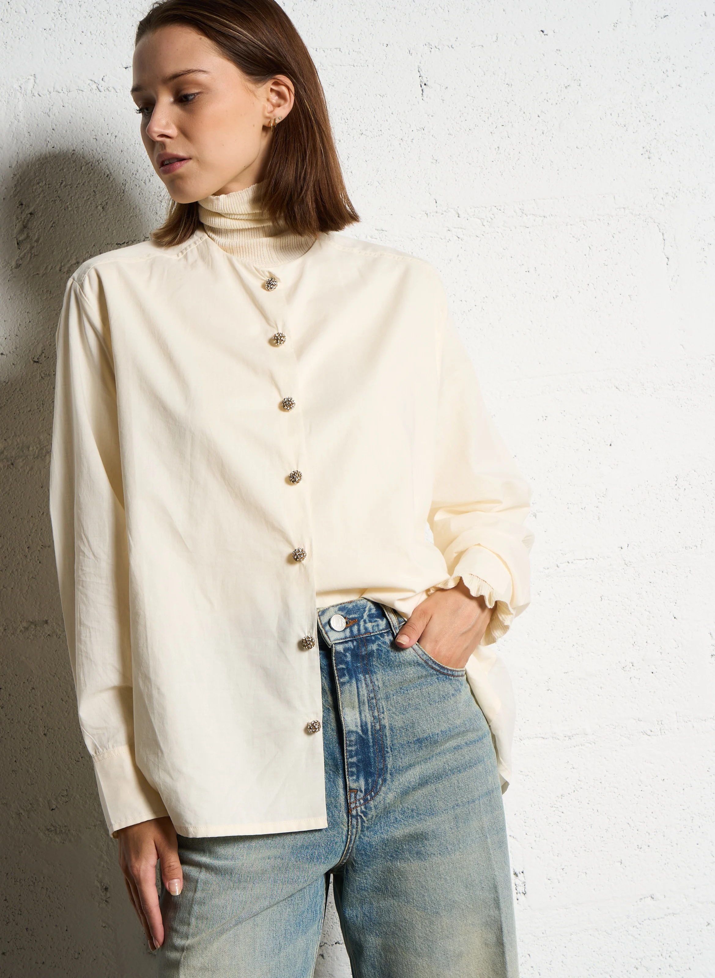 RAMPLINGO - Chemise col rond ample en coton | Blanc