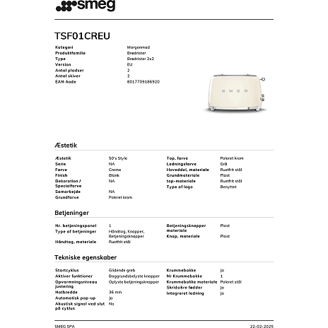 Smeg brødrister TSF01CREU - creme