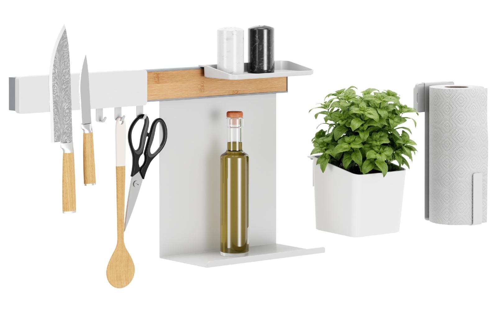 Kombi Set L Bambus/Weiss<br>Selbstklebende Leiste mit Topf, Ablage, Halter für Messer und Rollen und Haken