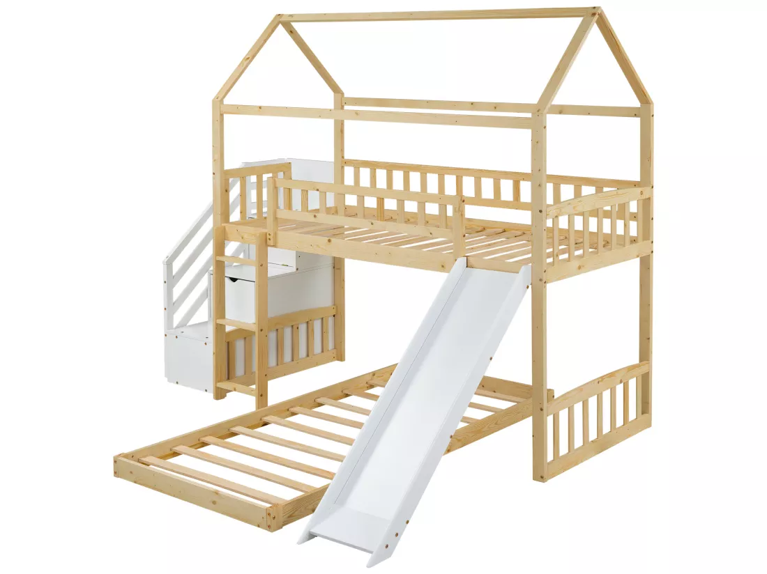 Lit superposé 2x90x200cm en bois massif - avec escalier de rangement et toboggan - sommiers à lattes - Naturel